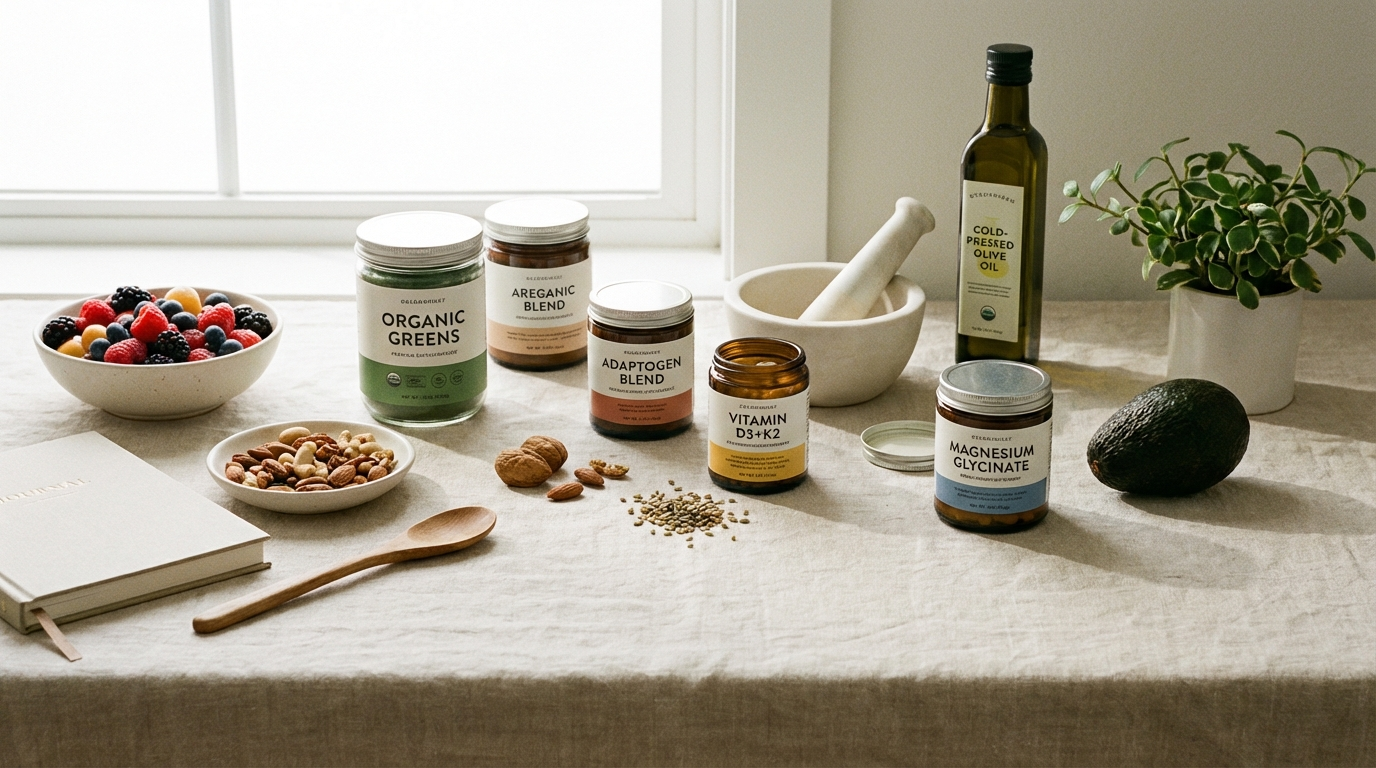 Wellness products flat lay